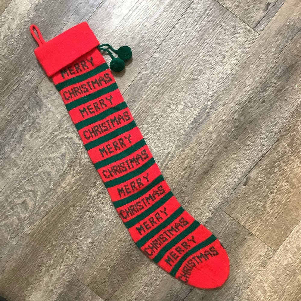 Vintage Knit Red Green Striped Print MERRY CHRISTMAS Stocking Sock 24” Pom Poms